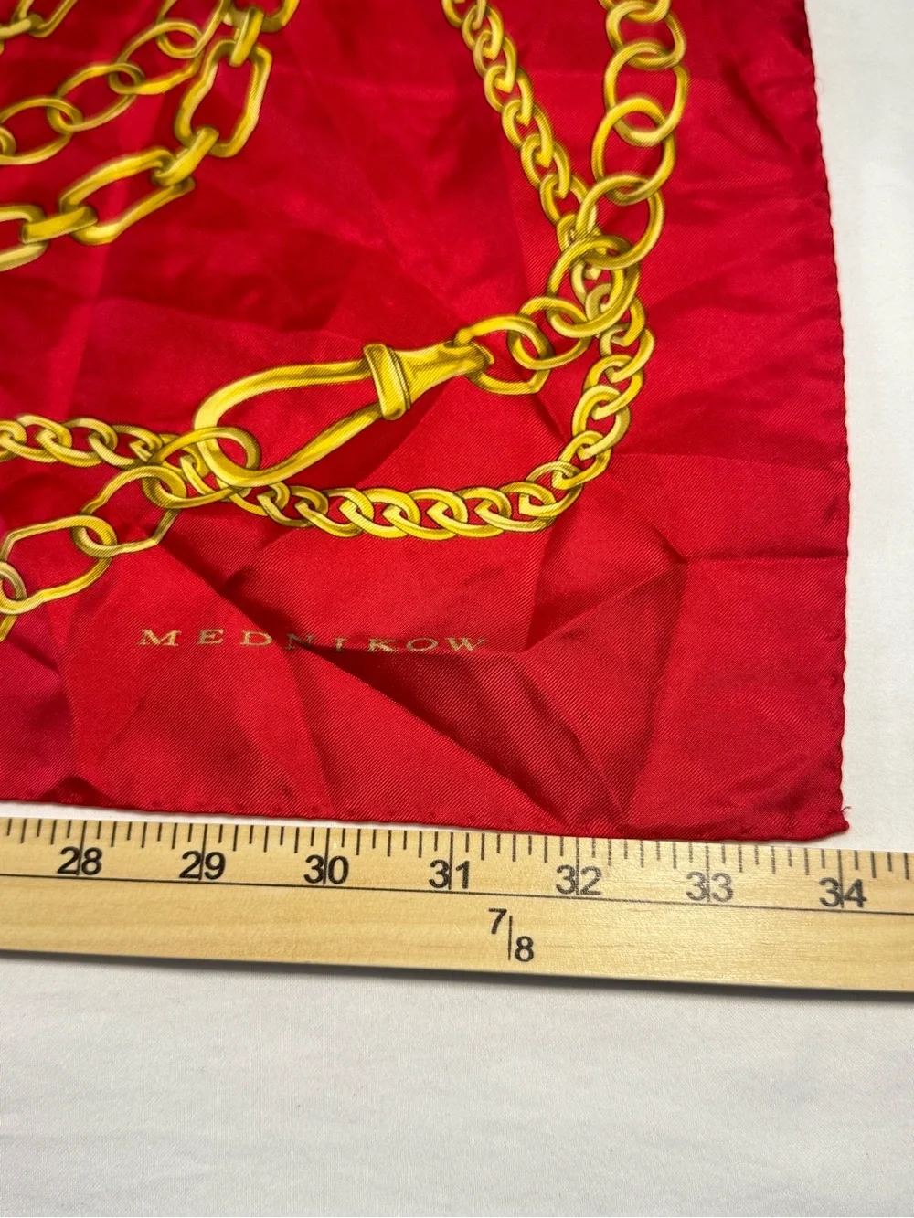 RARE VTG Mednikow Jewelers Silk Scarf Made In Italy Hand-Rolled Red Gold Chain